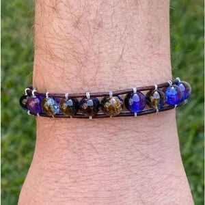 Handmade Men’s Adjustable Blue Brown Glass Bead Real Leather Bracelet